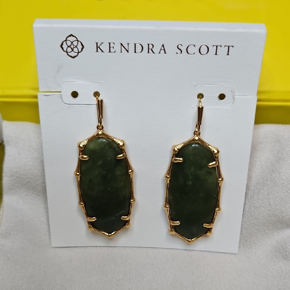 New Kendra Scott Elle Vintage Gold Bamboo Framed Drop Earrings in Sage Serpentin
